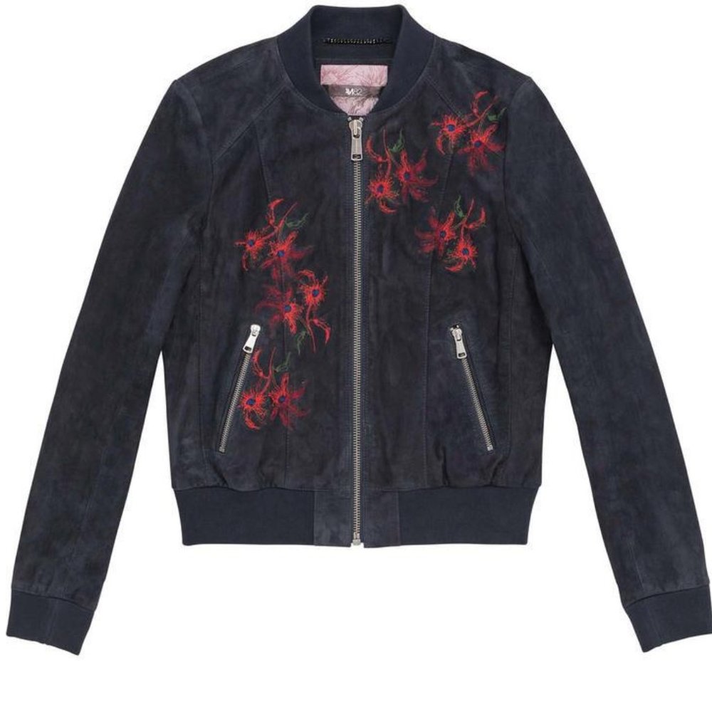 Andrew Marc New Bomber Embroidered Suede Leather Jacket Navy Women's M - Picture 2 of 16